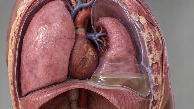 Posterior Basal Thorax Cutaway Pleural Effusion, Dependent Fluid Accumulation, Compressed Lung, Pleural Cavity, Diaphragm, Tracheobronchial Anatomy, Medical 3D Render