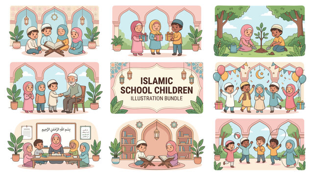 Islamic school children bundle with students reading quran studying in classroom and playing vector illustration