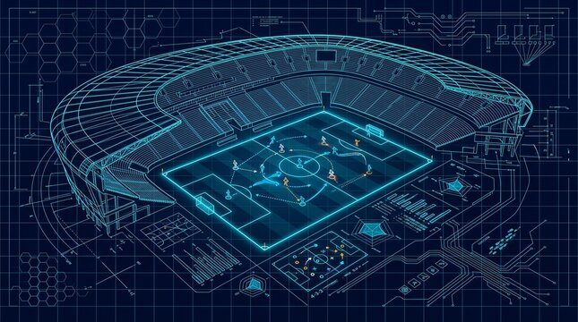 Digital Isometric Wireframe of a Modern Football Stadium on Dark Blue Background