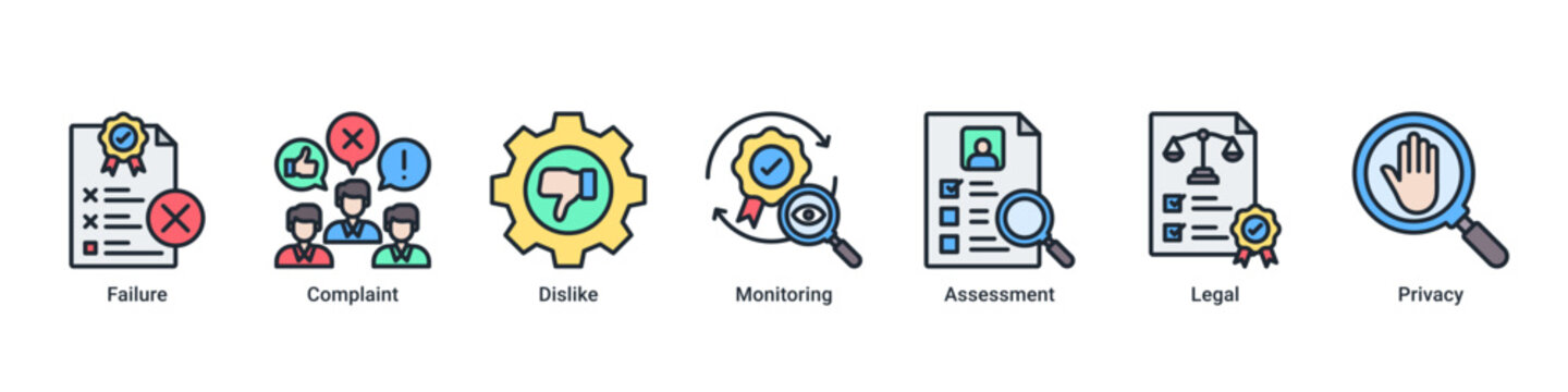 Risk Control web banner icon vector illustration with icons of Failure, Complaint, Dislike, Monitoring, Assessment, Legal and Privacy