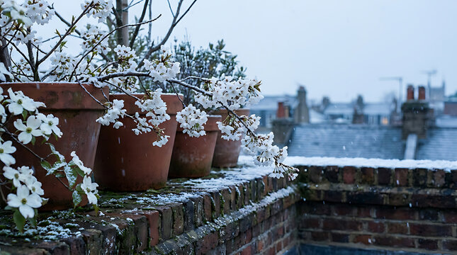White dogwood flowers blooming in terracotta pots on a brick wall balcony during a light winter snowfall with blurred residential rooftops in background