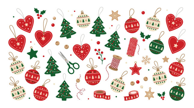Various Christmas tree ornaments including red hearts and green fir shapes are arranged in a flat lay pattern on a white background with decorative ribbons.