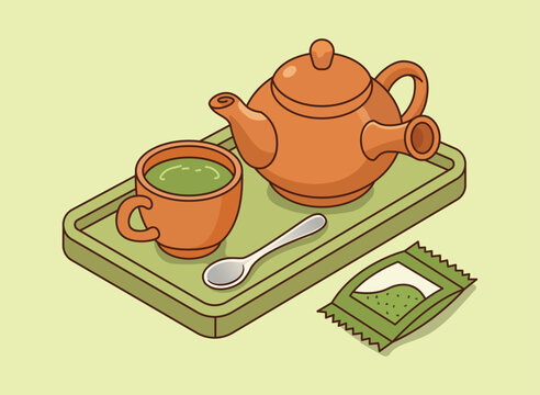 Matcha Green Tea Set with Japanese Teapot and Cup Illustration