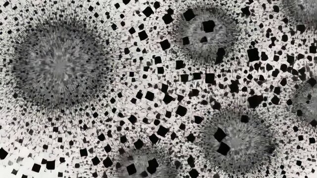 Starting spirals rotating zooming in on white field breaking black tiles into squares forming cores