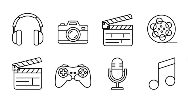 Collection of media and entertainment icons in outline style.