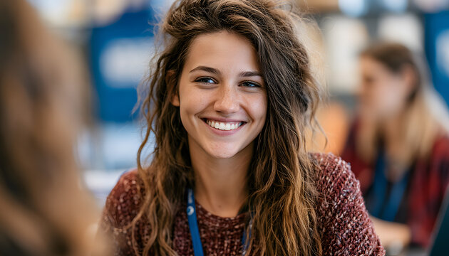 During a meeting with a college application counselor, a young student smiles and receives advice and support for academic planning. The youth talks about their future goals and career path with their