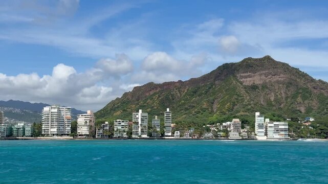 View of Diamond Head crater with condos and apartments on the Gold Coast near Waikiki Beach in Honolulu on the island of Oahu in Hawaii. 