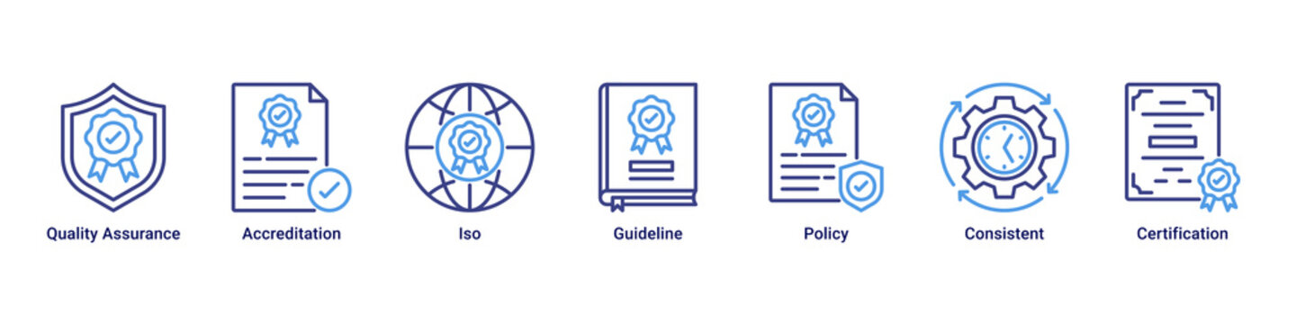 Quality System web banner icon vector illustration with icons of Quality Assurance, Accreditation, Iso, Guideline, Policy, Consistent and Certification