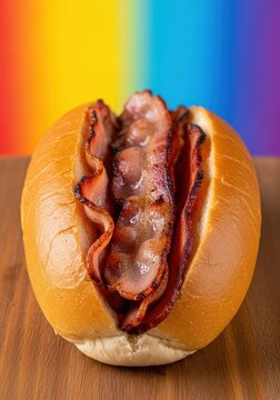 A hearty morning breakfast roll filled with sizzling, crispy streaky bacon rashers served hot on a wooden surface, ready for a quick meal, delicious, streaky, bap