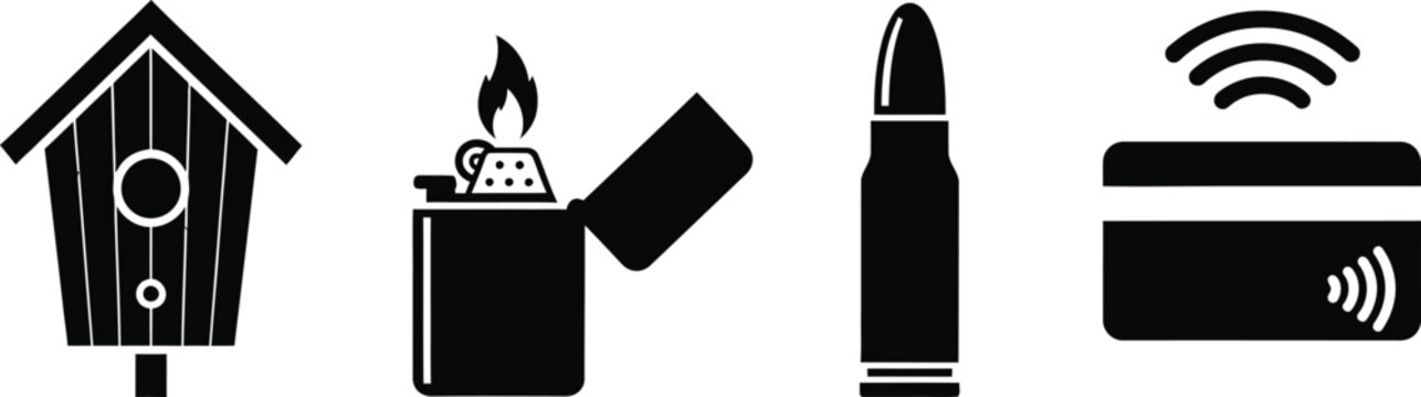 Black icons of birdhouse, lighter, lipstick, and wireless credit card