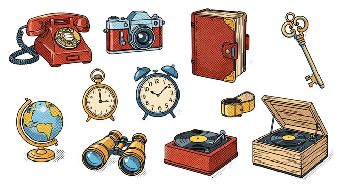 adobe Vintage objects collection with antique phone camera clock globe and records flash