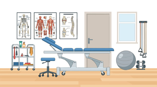 Physical therapy room showing a treatment table, resistance bands, dumbbells, and anatomical charts on the wall.