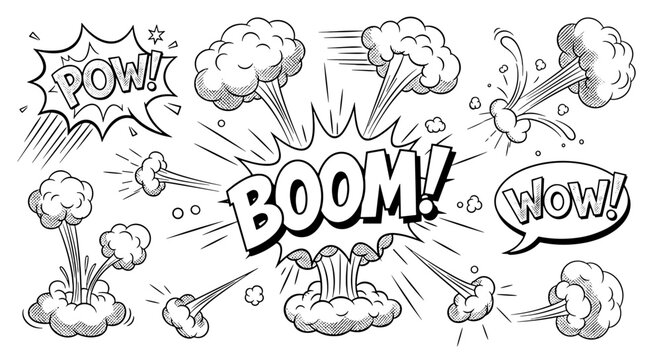 adobe Dynamic comic book explosion and action sound effects collection with boom and pow text bubbles dynamic bursts and dramatic smoke clouds in a vintage black and white flash