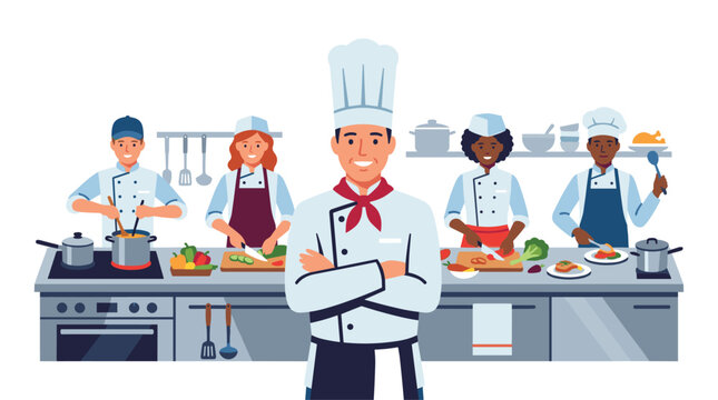 A team of five diverse chefs in professional white uniforms and hats work together in a commercial kitchen setting under bright overhead studio lighting conditions.