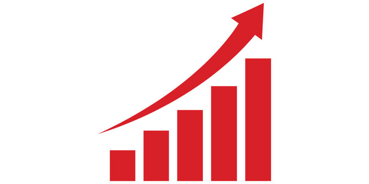 Red bar chart illustration showing upward growth trend with rising bars and directional arrow icon