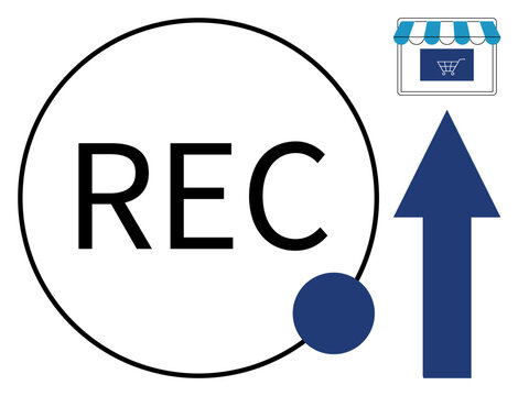 Business growth, e-commerce strategies, digital transactions, online retail, video marketing, customer engagement. Circular record icon with an arrow and shopping cart icon. E-commerce growth