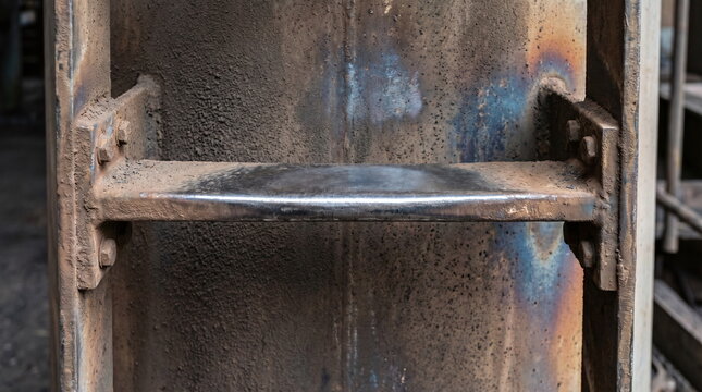 Close up of a dirty and worn industrial metal ladder step showing bolts and heavy usage
