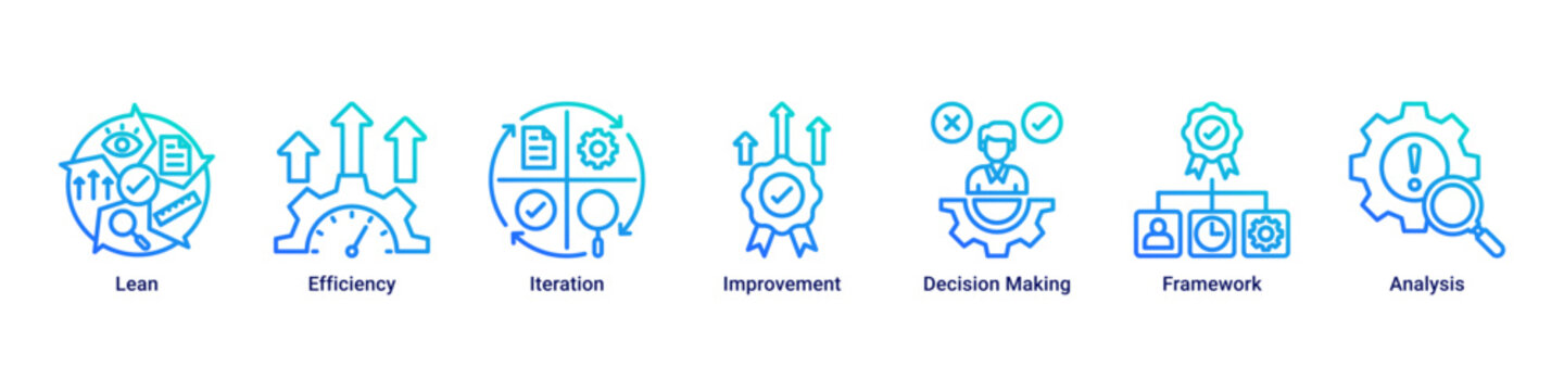 Lean Strategy web banner icon vector illustration with icons of Lean, Efficiency, Iteration, Improvement, Decision Making, Framework and Analysis