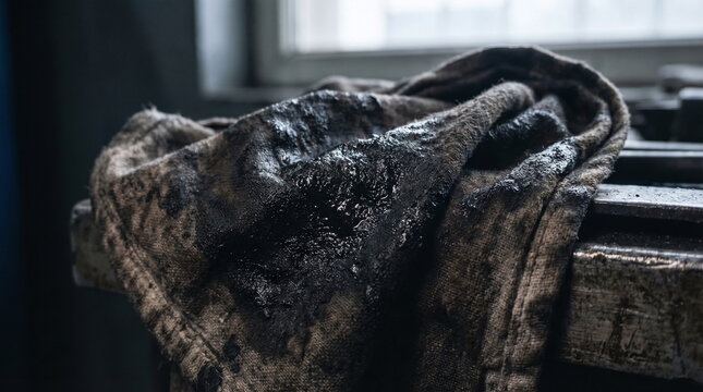 Close up of a dirty, oily shop rag lying on a metal workbench in a garage