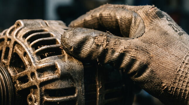 Close up of a mechanic's hand in a dirty and torn work glove inspecting a greasy car alternator