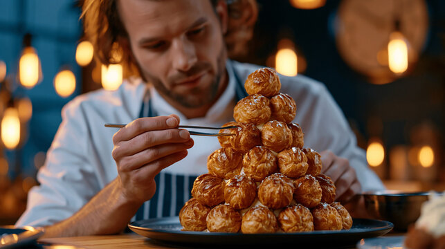 Single professional pastry chef assembling a towering croquembouche with tweezers under competition lights, clock on the wall barely visible, dramatic spotlight effect, perfect for competitive cooki