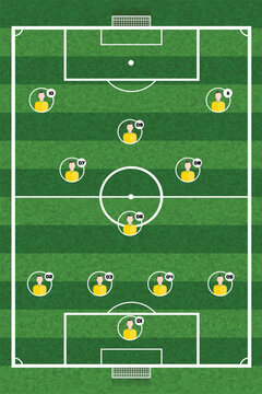 World Soccer Tournament 2026 Team Formation Tactics Board and Lineup with Eleven Numbered Jersey Shirts on Football Field Pitch Vector Illustration