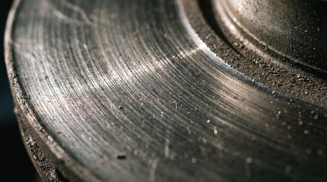 Close up of a worn vehicle brake disc rotor surface showing detailed metal friction grooves and dust