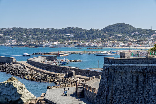 View of Forio port from the clifftop Church of  the Madonna del Soccorso, in Forio, Ischia, Italy on 28 April 2026