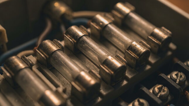 Close up of old and dusty glass tube fuses sitting in metal clips inside an electrical fuse box
