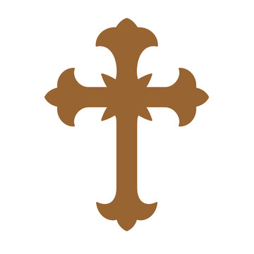 Suitable for religiousthemed designs, church events, logos, and products. A simple graphic symbol of an ornate brown fleur cross.