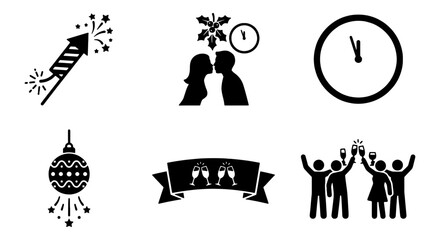 Fototapeta premium New Year's Eve Celebration Icons Set: Firework, Kissing Couple, Clock, Disco Ball, Champagne Toast, Party People Vector Graphics for Festive Design