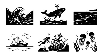 Oceanic Life Vector Icons: Whale, Shipwreck, Diver, Jellyfish, Waves, Coastline   Nautical & Marine Themes © Zubaraj