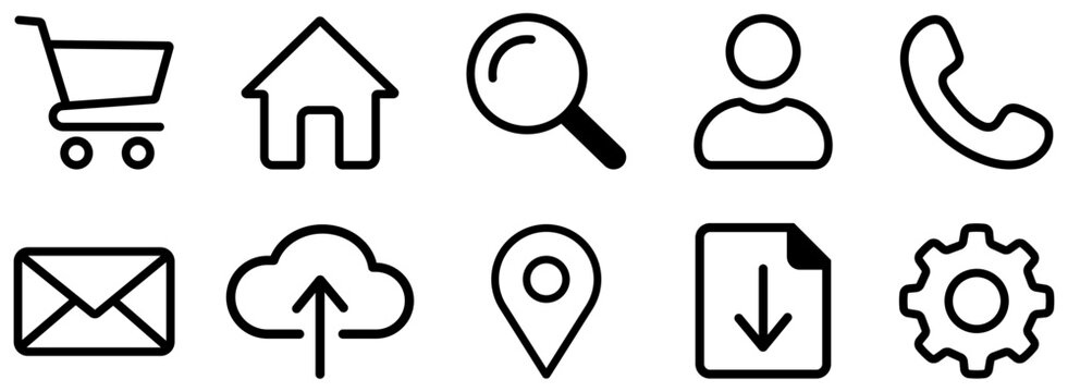 Shopping, home, search, user, phone, mail, upload, location, download, settings icons. Outline web app navigation and interface symbol collection. vector illustration
