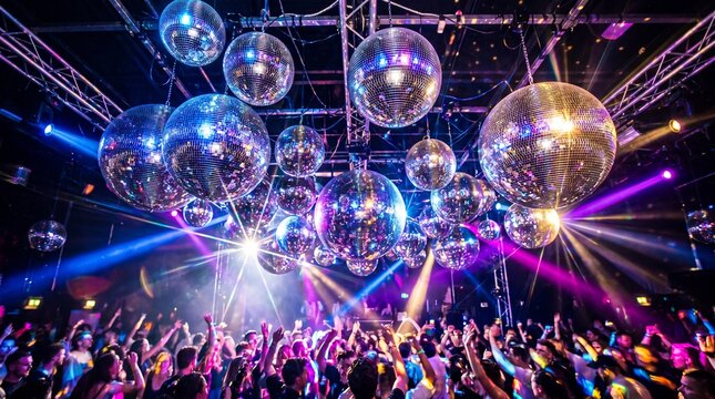 A vibrant nightclub scene with a large crowd dancing under numerous disco balls and colorful lights
