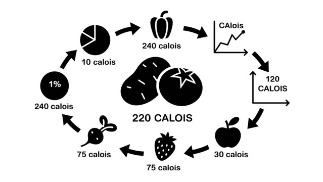 Caloric intake cycle infographic with fruits and pie charts showing 220 calories Vector