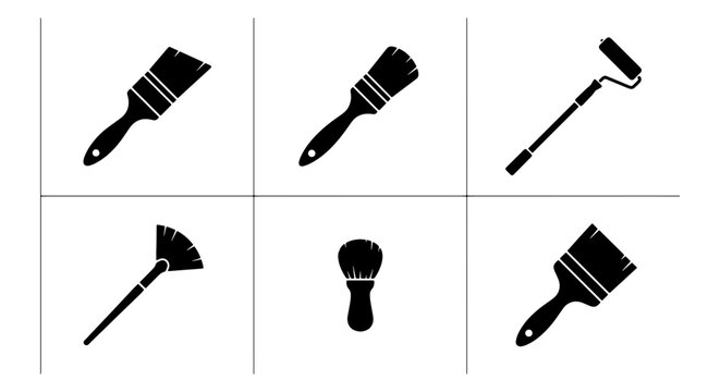 Set of 6 Black Silhouette Paint Brushes and Rollers, Vector Icons for DIY and Home Improvement Projects, Graphic Design Elements