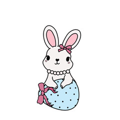 Obraz premium Cute white bunny with a pink bow and blue eggs, perfect for easter greeting cards, spring season designs, and holiday illustrations.