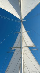 Fototapeta premium Majestic white sails and tall mast reaching toward the brilliant blue sky, symbolizing freedom, adventure, and ocean voyage, marine, journey, bright