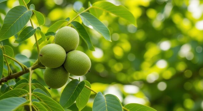 Mature walnut nut tree branches heavily laden with ripening green husks containing delicious nuts on a bright sunny day, raw, harvest, nature