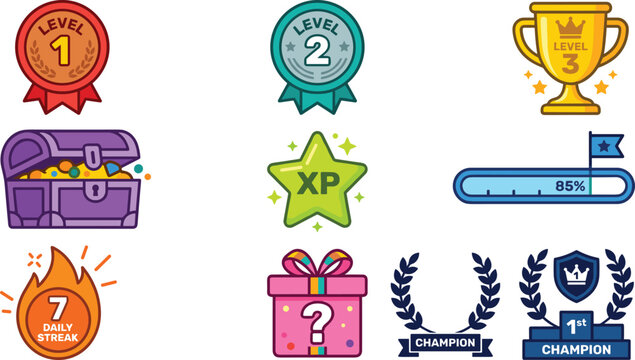 Gamification and Achievement Icon Set, Level Badges, Trophy, XP, Daily Streak, Gift, Champion, and Progress Bar for Rewards and Recognition