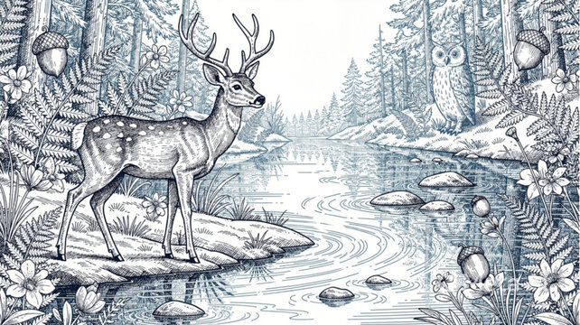 Large Deer with Antlers Standing Alone.