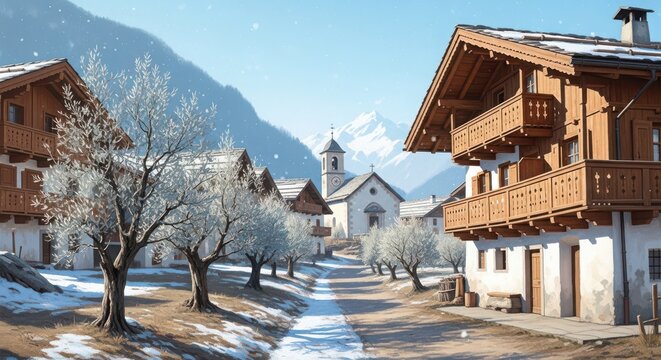 Alpine village with wooden houses and church spire set against snowy mountainside.