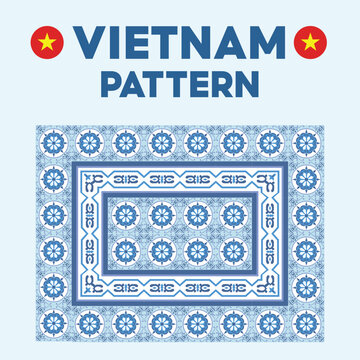 Blue Vietnamese seamless ornamental pattern inspired by traditional ceramic tile motifs