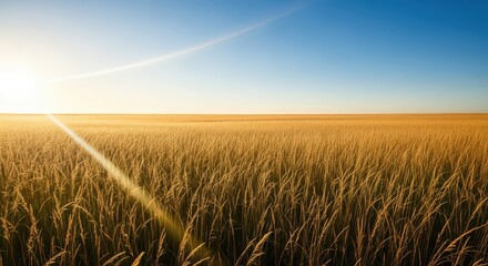 Obraz premium Sunlight streaming across a vast, peaceful field of gently swaying golden grasses under a wide open bright blue sky, breeze, sky, expansive