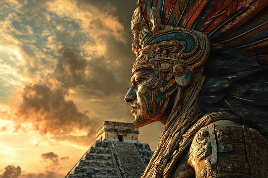 Kukulkan Feathered Serpent Deity Profile Overlooking Chichen Itza El Castillo Pyramid in Maya Mythology