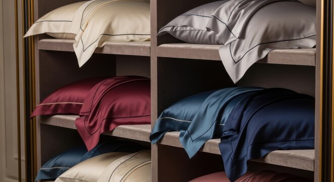 Assortment of luxury silk pillowcases in rich jewel tones displayed on shelves for elegant bedroom decor