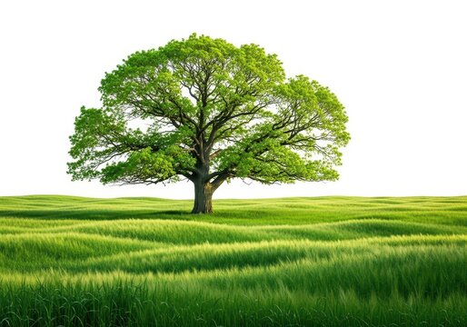 Un grand arbre solitaire au centre d'une vaste prairie verte, isol&eacute; sur un fond blanc pur et net. Id&eacute;al pour les concepts d'environnement, &eacute;t&eacute;, isolement, terre