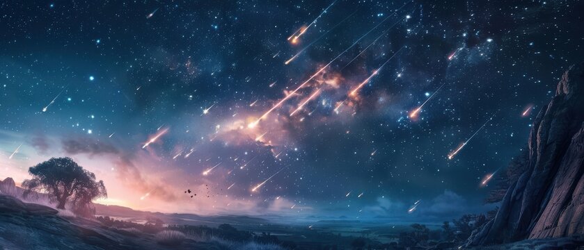Epic Meteor Shower Cascading Across Nebula-Filled Starry Sky Over Ancient Tree, Sheer Cliffs and Expansive Valley Landscape