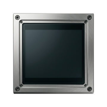 Modern metal-framed digital display screen with four corner mounts on a neutral background.