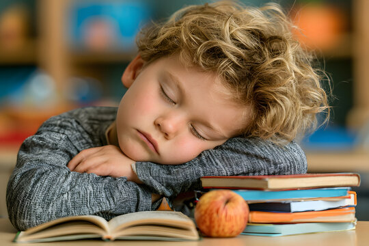 A child in school sleeps during boring lessons. A tired student learns to read a book. A sleepy child sits at a desk in an elementary college classroom. A primary student returns to school in the earl